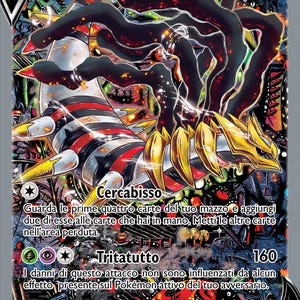 May include: A Giratina V trading card with 220 HP, featuring a dark, serpentine creature with gold armor plates and black tendrils. The card displays the attacks Cercabisso and Tritatutto, with a complex, colorful, and abstract background illustration.