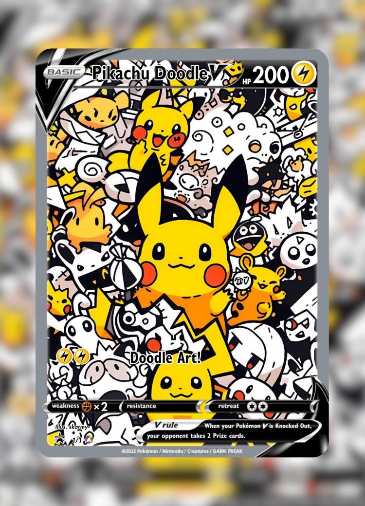 Pikachu Doodle Full Art + Sleeve - Premium Print Pokémon TCG Proxy