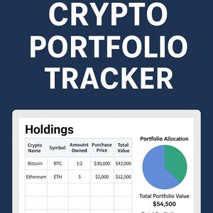 Puede incluir: Un rastreador de cartera de criptomonedas digital con el título "CRYPTO PORTFOLIO TRACKER" en texto blanco sobre un fondo azul oscuro. El rastreador muestra las tenencias, la asignación de la cartera y el valor total de la cartera.