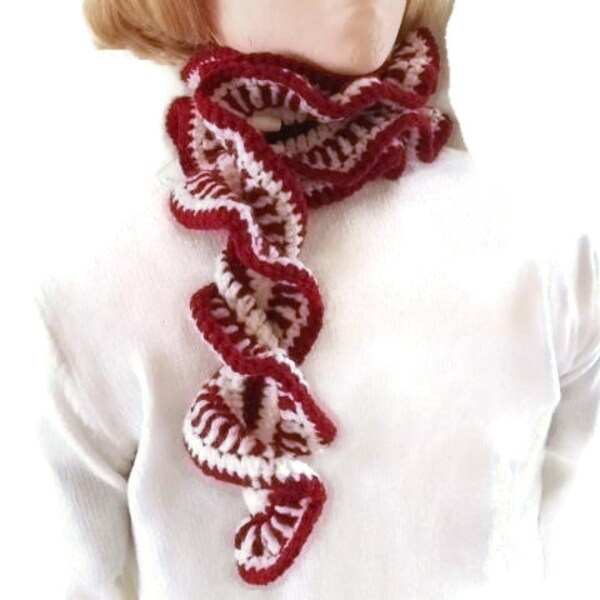 5.00 CLEARANCE SALE! Stylish Ruffled Scarflette, Scarf, Neckwarmer Crocheted in Dark Red & Cream. Fashion Accessories, Winter Warmers.