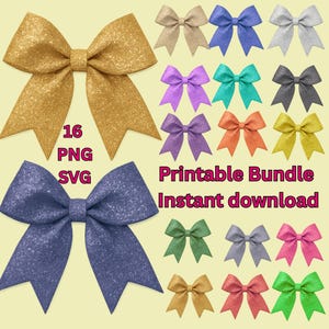 Puede incluir: Una colección de lazos brillantes en varios colores, incluyendo dorado, azul, morado y verde. La imagen incluye el texto "16 PNG SVG" y "Printable Bundle Instant download."
