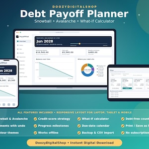 May include: A digital debt payoff planner displayed on a laptop, tablet, and smartphone. The interface features a dashboard with charts, a debt-free countdown, and financial calculators. Text includes DoozyDigitalShop, Debt Payoff Planner, Snowball, Avalanche, What-if Calculator, and PayoffPilot.