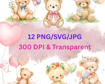 Aquarell Teddy Bär Clipart blau Baby Bär PNG, Baby-Dusche Clipart, Kinderzimmer Kunst, süße Clipart, Baby Boy PNG Bundle, digitaler Download