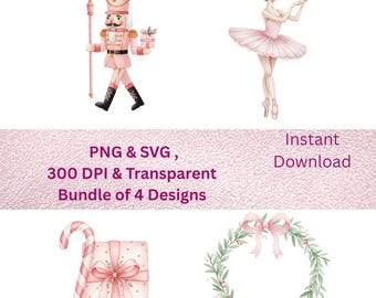 Pink Nutcracker Christmas Party Ballet Dancer Clipart ,PNG SVG Bundle| Coquette Christmas | Ballerina, Candy Cane,| 300 DPI Digital Download