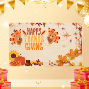 Plantilla de pancarta de Acción de Gracias / Fiesta de Acción de Gracias con amigos / Pancarta de otoño a cuadros / Descarga instantánea de pavo y calabaza
