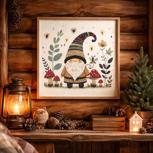 Whimsical Forest Gnome Cross Stitch Pattern PDF, Woodland Gnome Embroidery Chart, Cute Mushroom Fairy Tale Design, DMC & Anchor Floss Chart