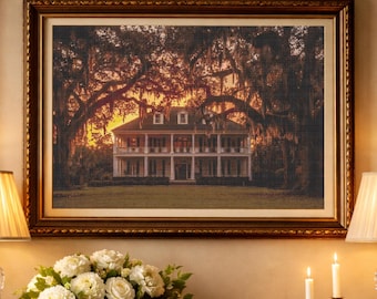 Mansión al atardecer en Luisiana / Patrón de punto de cruz en PDF / Casa de plantación sureña / Paisaje con robles al atardecer / 280×210 puntos / Hilos DMC y Anchor