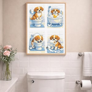 May include: A framed print featuring four panels of a cartoon dog in various bathroom scenarios. The dog is brown and white, depicted on a toilet, in a bathtub, and playing with toilet paper. The artwork has a light blue and beige color scheme.
