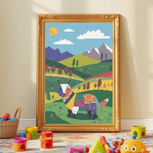 May include: A framed cross-stitch artwork featuring a colorful fox in a landscape with mountains, trees, and a sun. The artwork is in a gold frame. Colorful toys are scattered on the floor in front of the artwork.