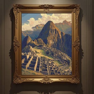 May include: A framed print of Machu Picchu, showcasing the ancient city nestled in the Andes Mountains. The artwork features a detailed depiction of the stone structures and surrounding landscape, framed in an ornate gold-colored frame.