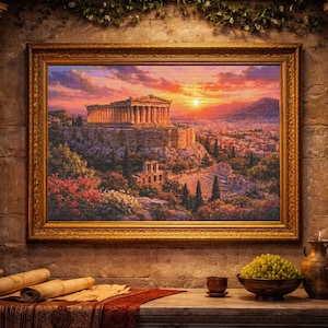 Peut inclure: Une peinture encadrée d'un ancien temple grec au coucher du soleil. L'œuvre présente un cadre doré, avec un ciel vibrant et une architecture détaillée. La scène comprend un paysage urbain, des arbres et des fleurs colorées.