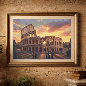 Puede incluir: Una impresión enmarcada del Coliseo al atardecer. La obra representa el antiguo anfiteatro romano en detalle, con un cielo vibrante de tonos naranja, rosa y morado. El marco es de color dorado.