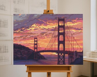 Golden Gate at Sunset | Cross-Stitch Pattern | Iconic Bridge Embroidery | 299×225 Stitches | DMC and Anchor | Bridges of the World Series
