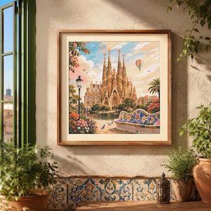 May include: A square framed painting depicting the Sagrada Familia in Barcelona, featuring intricate stone spires, a colorful mosaic bench in the foreground, a black street lamp, blooming flowers, and a hot air balloon in a blue sky.