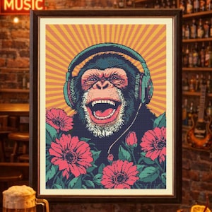 May include: A framed art print depicting a laughing chimpanzee wearing headphones, set against a retro sunburst background. Pink flowers surround the chimp. The neon sign in the top left corner reads "LIVE MUSIC". The artwork is displayed in a bar.