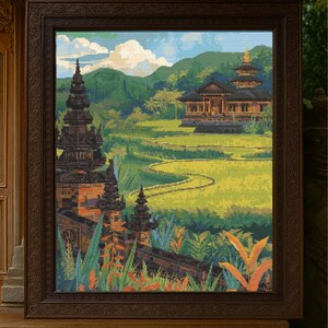 Peut inclure: Œuvre encadrée représentant un temple balinais. L'image est un paysage pixelisé détaillé avec des rizières vertes, une architecture traditionnelle et un ciel bleu. Le cadre marron foncé présente des ornements.