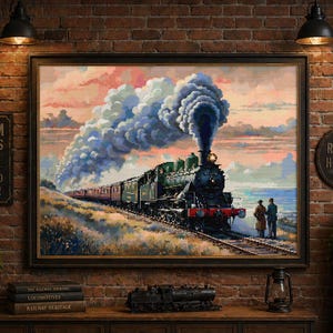 May include: A framed print of a vintage steam train, billowing dark smoke against a sunset sky. The train is green and black, with two figures standing on the right. The print is displayed on a brick wall, with a "Steam Trains" sign and a "Railway Heritage" plaque.