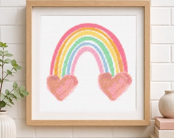 Cute Pastel Rainbow Cross Stitch Pattern PDF, DMC & Anchor Floss,Rainbow with Hearts, Nursery Decor, Baby Gift