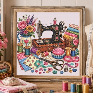May include: A framed cross-stitch pattern featuring a black vintage sewing machine, a bouquet of colourful flowers in a pitcher, a basket of folded fabrics, spools of thread, a pink pincushion, scissors, a thimble, and various buttons.