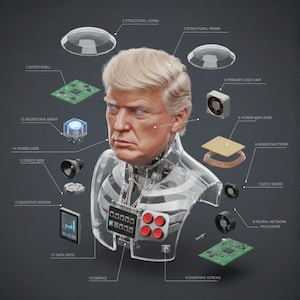 以下が含まれることがあります： ドナルド・トランプのインフォグラフィックで、内部コンポーネントを示す分解図です。画像には、「アウターシェル」、「パワーコア」、および「ニューラルネットワークプロセッサ」などのテキストラベルが含まれています。タイトルは「DONALD TRUMP 26.1の超詳細な分解技術インフォグラフィック」と表示されています。