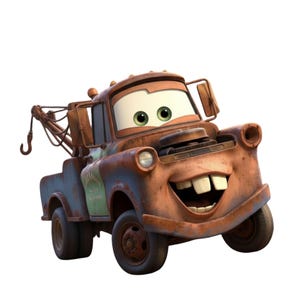 May include: A smiling, anthropomorphic tow truck with a rusty brown exterior and large, buck teeth. The truck has green eyes, a tow hook, and the name "Mater" on the side. The vehicle is a character from the animated movie "Cars".
