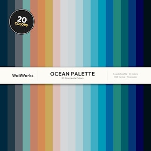 May include: A digital colour palette for Procreate titled OCEAN PALETTE by WaliWorks, featuring 20 vertical stripes in shades of blue, teal, grey, and tan. A circular badge reads 20 COLORS, and text specifies 1 swatches file, 20 colours, and HSB format.