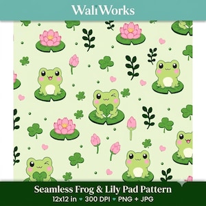 Könnte beinhalten: Ein nahtloses digitales Muster auf hellgrünem Hintergrund mit Zeichentrickfröschen, rosa Lotusblüten, grünen Seerosenblättern, Kleeblättern und kleinen rosa Herzen. Der Text WaliWorks, Seamless Frog & Lily Pad Pattern, 12x12 in, 300 DPI, PNG + JPG ist sichtbar.