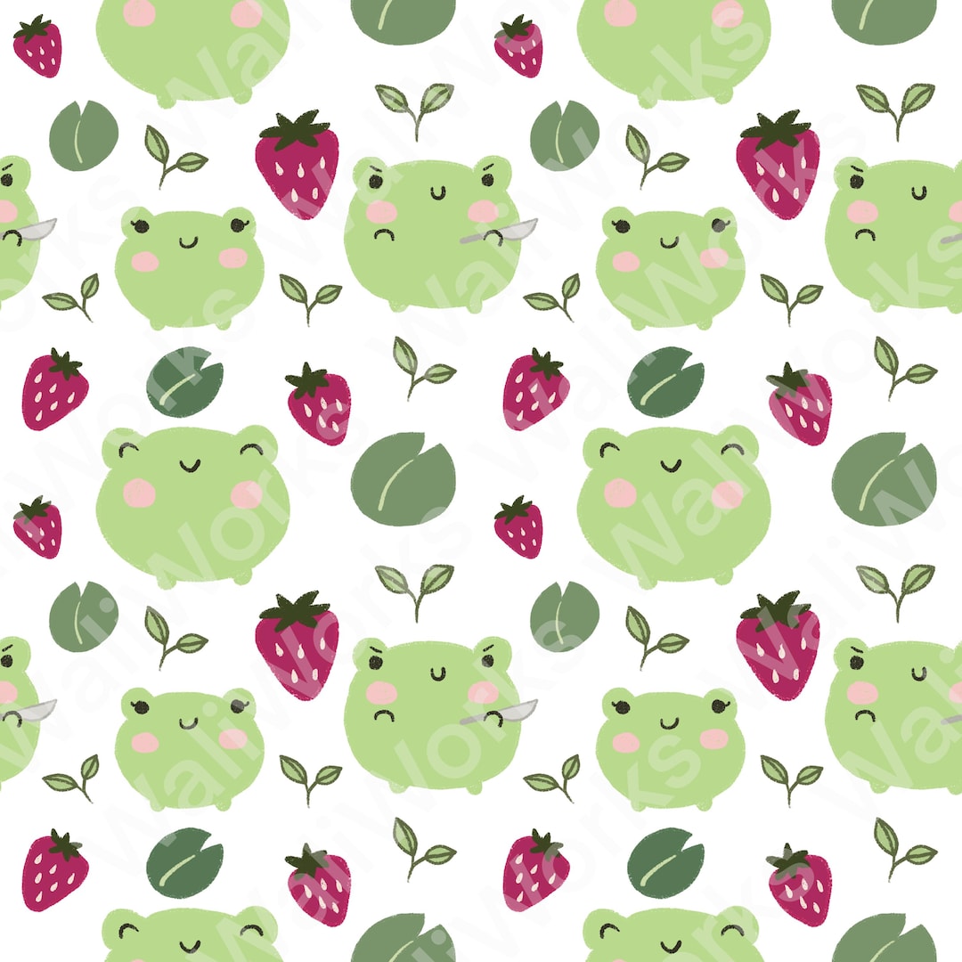Frog and Strawberry Seamless Pattern, Kawaii Digital Paper (PNG) - Etsy