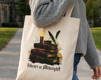 Library at Midnight, Dark Academia Totebag, Gothic Bookshelf Book Lover Gift