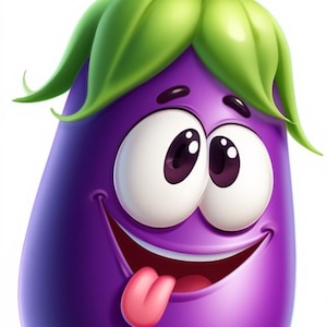 May include: A cartoon illustration of a smiling eggplant with large, expressive eyes and a pink tongue sticking out. The eggplant is a vibrant purple color, with green leaves and stem at the top. The image has a playful and cheerful vibe.