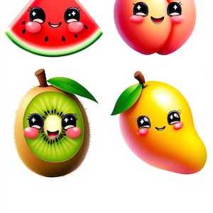May include: A collection of four cartoon fruits with smiling faces. Includes a red watermelon slice, a peach, a kiwi, and a mango. Each fruit has large eyes and rosy cheeks, creating a cheerful design.