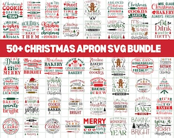 May include: A collection of over 50 Christmas-themed SVG designs for aprons. The designs feature festive phrases, gingerbread men, baking tools, and holiday-related text in red, green, and white. The words "Christmas," "cookies," and "baking" are prominent.