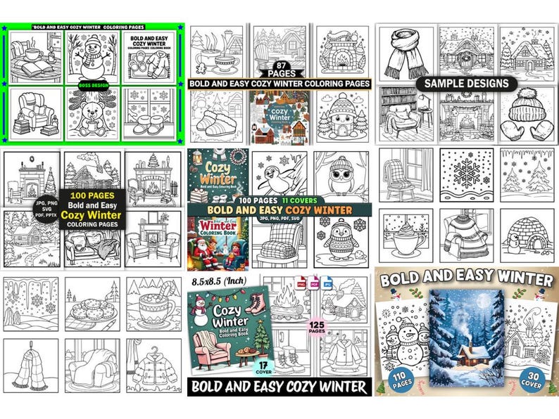 May include: A collection of winter-themed coloring books with various designs, including snowmen, cozy interiors, and winter scenes. The books feature titles like "Bold and Easy Cozy Winter" and "Cozy Winter," with page counts ranging from 30 to 125. The covers display illustrations of winter landscapes and characters.