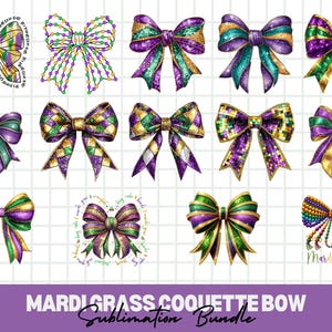 May include: A collection of Mardi Gras-themed bow designs in various styles. The bows feature purple, green, and gold colors, with some designs incorporating glitter and patterns. The text "Mardi Gras Coquette Bow Sublimation Bundle" is at the bottom.