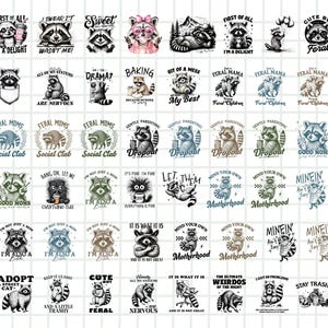 K&ouml;nnte beinhalten: Sammlung von Designs zum Thema Waschb&auml;r mit verschiedenen Illustrationen und Texten. Die Bilder zeigen Waschb&auml;ren in verschiedenen Posen, mit S&auml;tzen wie "Sweet", "Feral Mama" und "Dropout". Die Designs sind in Schwarzwei&szlig; und Farbe.