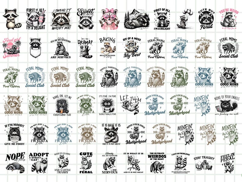 K&ouml;nnte beinhalten: Sammlung von Designs zum Thema Waschb&auml;r mit verschiedenen Illustrationen und Texten. Die Bilder zeigen Waschb&auml;ren in verschiedenen Posen, mit S&auml;tzen wie "Sweet", "Feral Mama" und "Dropout". Die Designs sind in Schwarzwei&szlig; und Farbe.