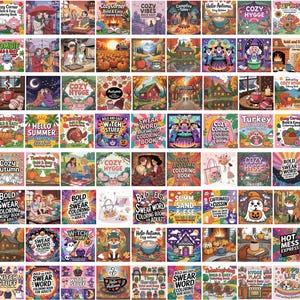May include: A collection of adult coloring books with various themes, including autumn, Halloween, and cozy scenes. The covers feature illustrations of pumpkins, witches, and seasonal imagery. Titles include "Cozy Hygge" and "Swear Word Coloring Book."