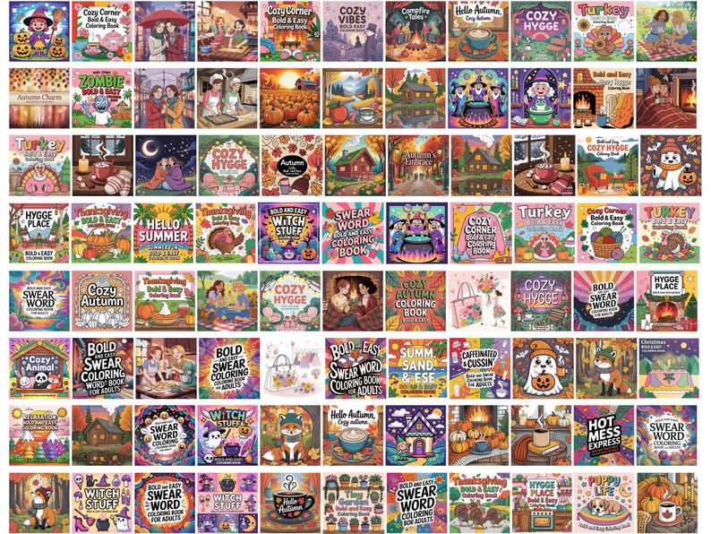 May include: A collection of adult coloring books with various themes, including autumn, Halloween, and cozy scenes. The covers feature illustrations of pumpkins, witches, and seasonal imagery. Titles include "Cozy Hygge" and "Swear Word Coloring Book."