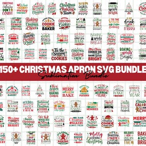 Könnte beinhalten: Eine Sammlung von über 150 weihnachtlichen Schürzen-SVG-Designs. Die Designs zeigen festliche Phrasen und Grafiken zum Thema Backen, Kochen und Weihnachtsfreude, ideal für Sublimationsprojekte.