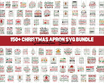May include: A collection of over 150 Christmas-themed apron SVG designs. The designs feature festive phrases and graphics related to baking, cooking, and holiday cheer, perfect for sublimation projects.