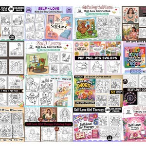 Puede incluir: Una colecci&oacute;n de libros para colorear con temas de amor propio y terapia para chicas. Las portadas presentan ilustraciones de plantas, animales y palabras inspiradoras. Los libros est&aacute;n disponibles en varios formatos digitales.