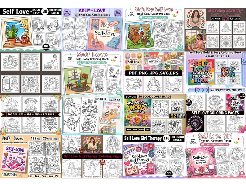 Puede incluir: Una colecci&oacute;n de libros para colorear con temas de amor propio y terapia para chicas. Las portadas presentan ilustraciones de plantas, animales y palabras inspiradoras. Los libros est&aacute;n disponibles en varios formatos digitales.