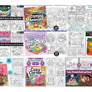 May include: A collection of coloring books with various themes, including animals, autumn, and cozy scenes. The covers feature illustrations of animals, cozy interiors, and motivational words. The books are labeled as "Bold and Easy Coloring Books."