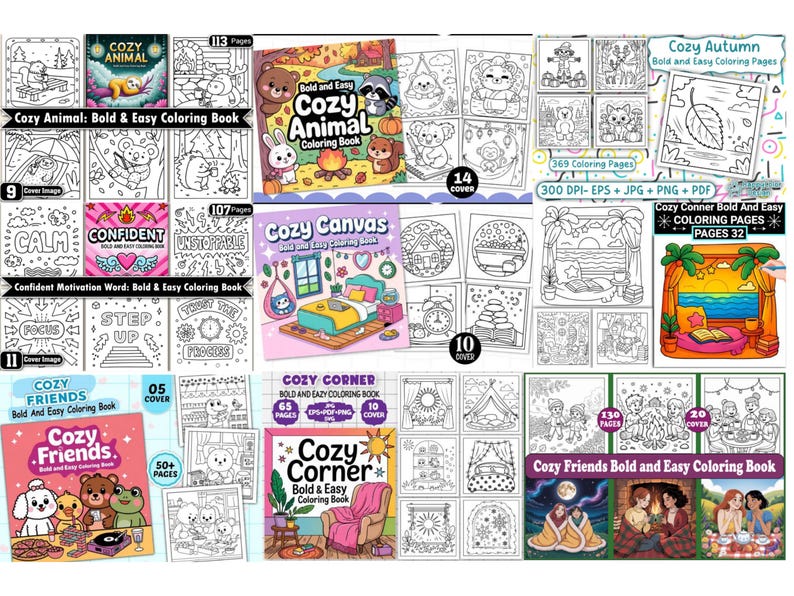 May include: A collection of coloring books with various themes, including animals, autumn, and cozy scenes. The covers feature illustrations of animals, cozy interiors, and motivational words. The books are labeled as "Bold and Easy Coloring Books."