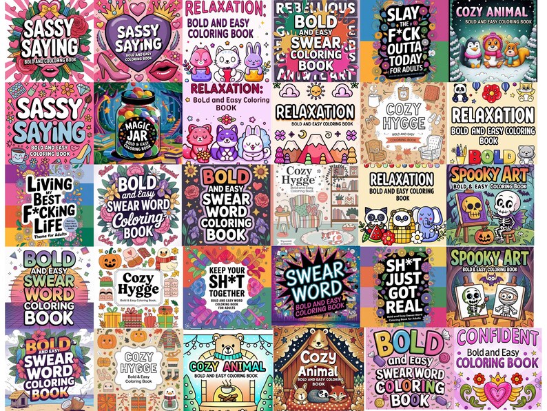 May include: A collection of adult coloring books with various themes, including "Sassy Saying," "Relaxation," and "Spooky Art." The books feature bold text and colorful illustrations, perfect for stress relief and creative expression.