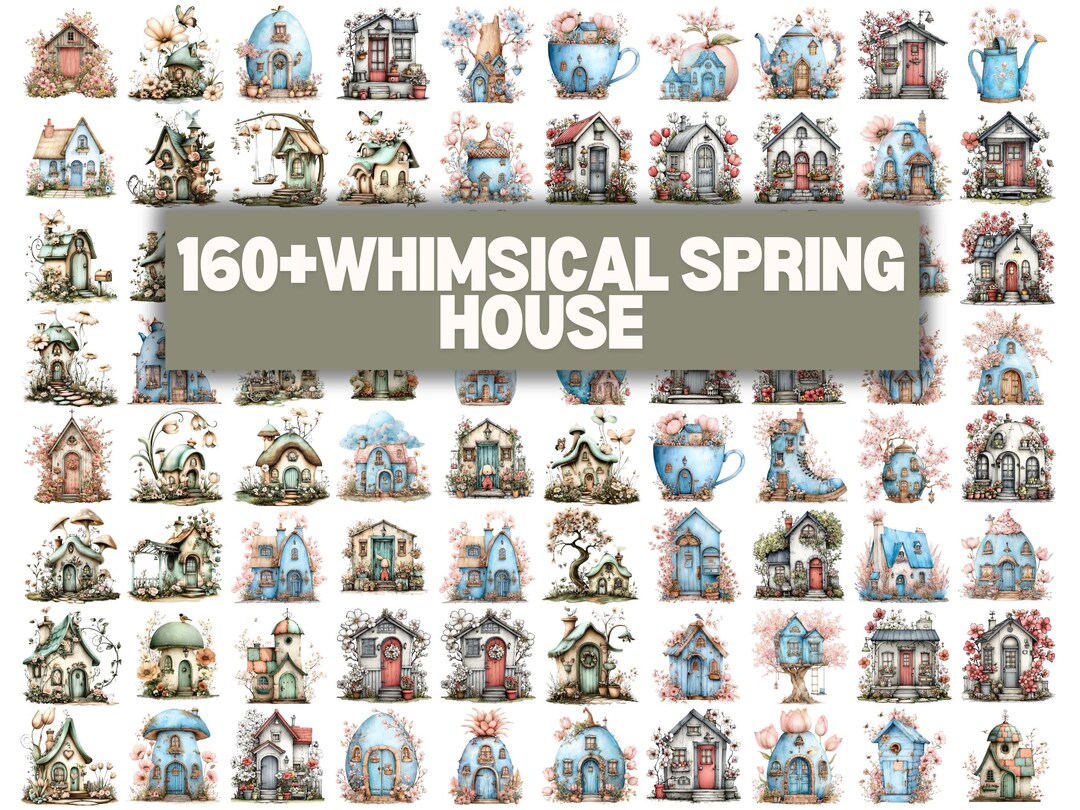 Animation Spring Whit Home Whimsical Spring House Clipart, Floral Storybook Illustrations (digital ...