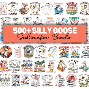 Könnte beinhalten: Eine Sammlung von über 500 Designs zum Thema alberne Gänse für Sublimation. Die Designs zeigen verschiedene Cartoon-Gänse mit Sonnenbrillen, Hüten und Accessoires sowie Slogans wie "Sunshine and Surf" und "Silly Goose Gang".