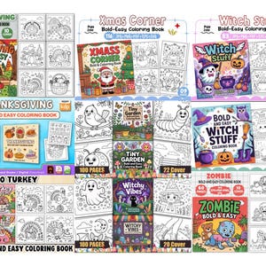 May include: A collection of coloring books with various themes, including Thanksgiving, Christmas, and Halloween. Each book features the title "Bold & Easy Coloring Book" and includes images for coloring. The covers display images of turkeys, Santa, and witches.