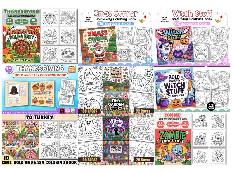 May include: A collection of coloring books with various themes, including Thanksgiving, Christmas, and Halloween. Each book features the title "Bold & Easy Coloring Book" and includes images for coloring. The covers display images of turkeys, Santa, and witches.