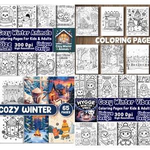 May include: A collection of winter-themed coloring books for kids and adults. The covers feature cozy winter animals, winter scenes, and the text "Cozy Winter Animals", "Cozy Winter Vibes", and "Cozy Winter".